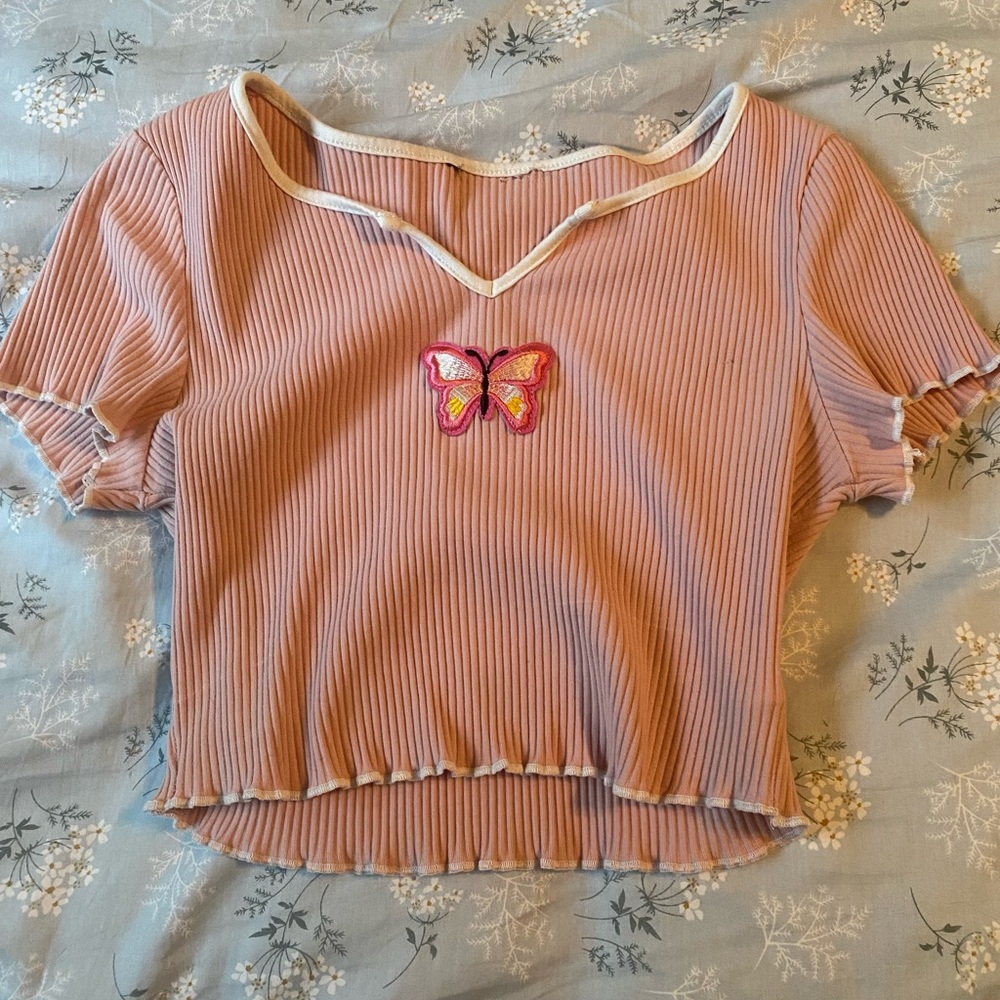 Pink Butterfly patched baby tee. Size XS